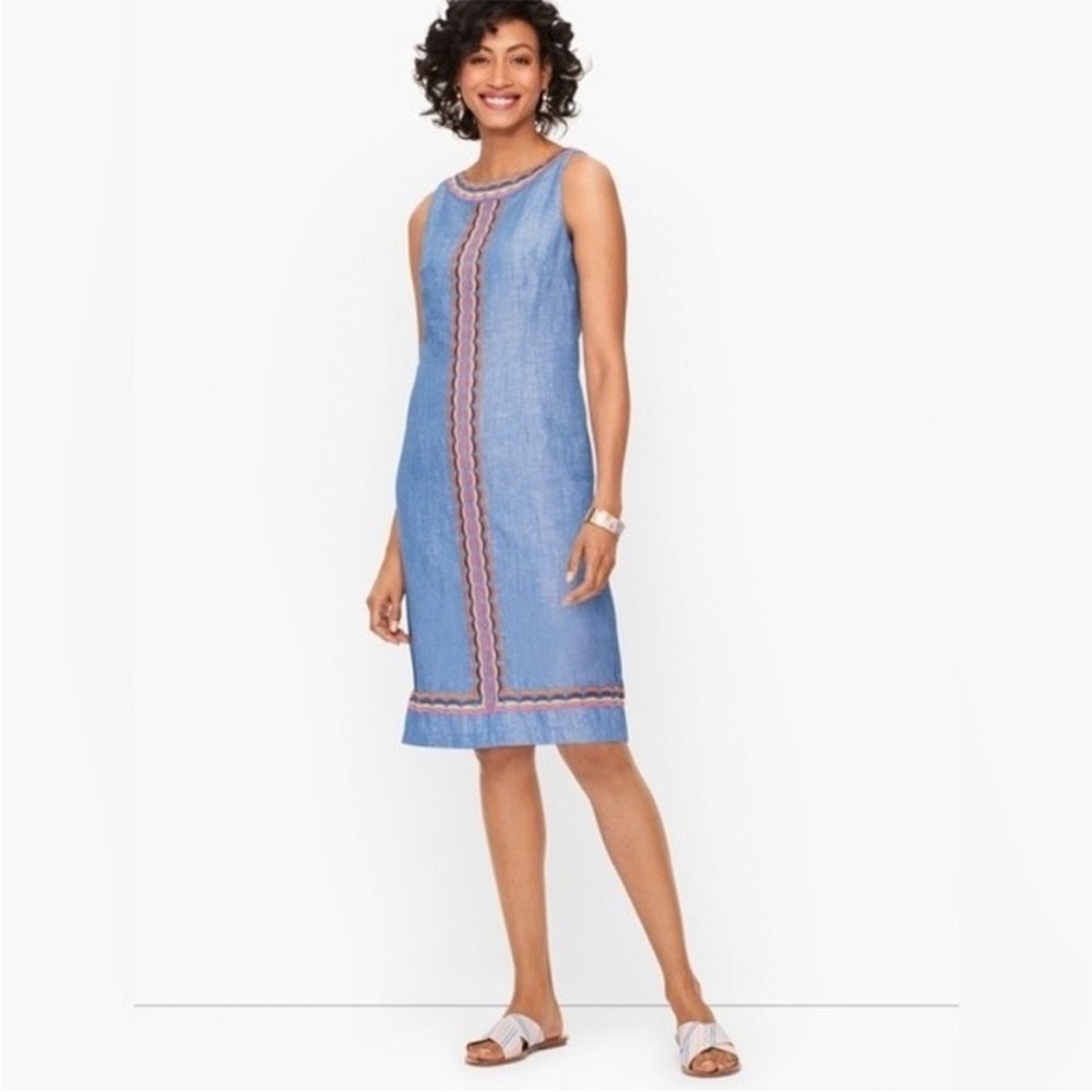 NWT Talbots Linen  Shift Dress Sz 14P Petite Chambray Scallop Detail Breathable